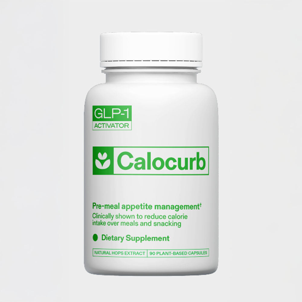 a photo of a white and green bottle of calocurb a glp-1 activator supplement