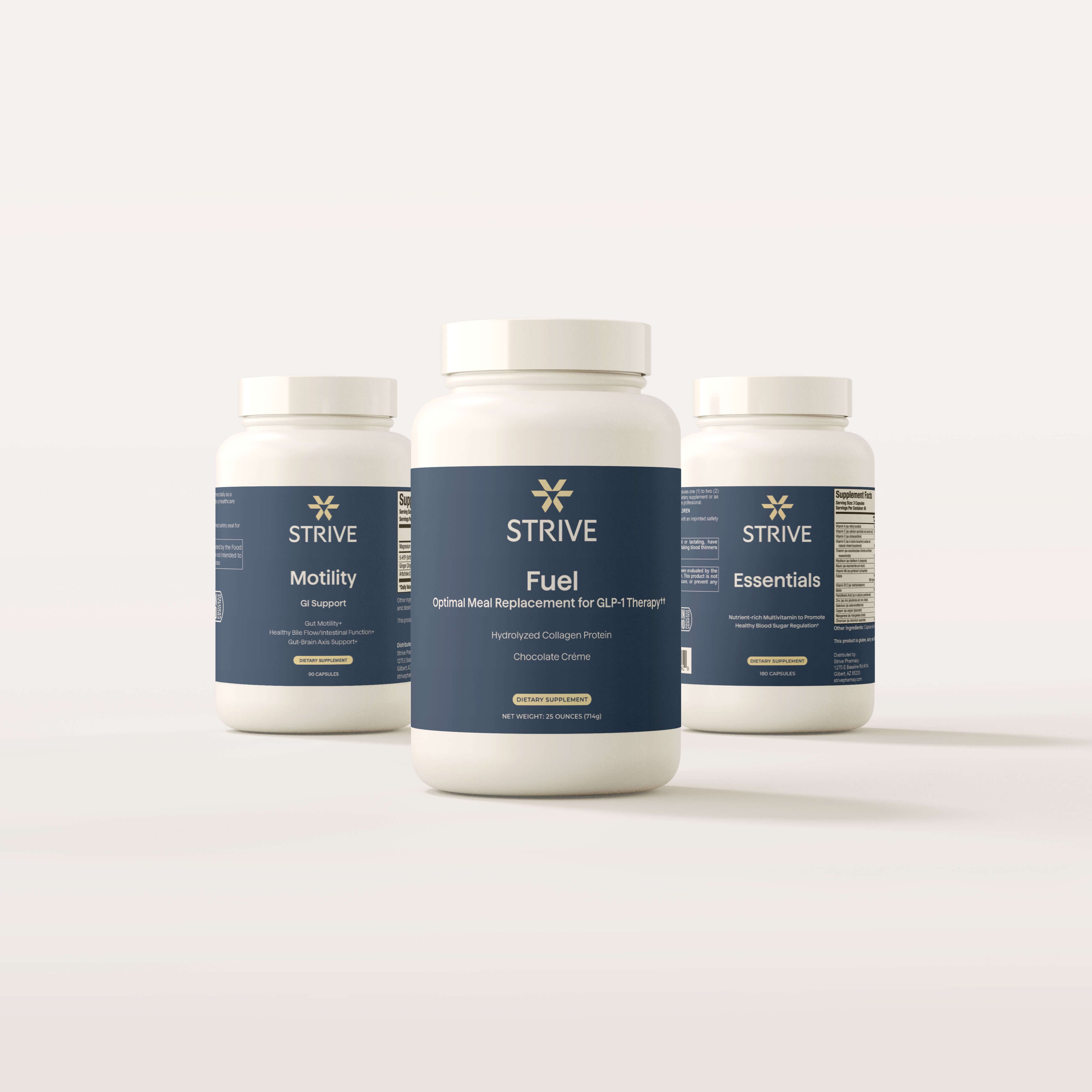 a photo of product bundle of strive supplements called strive fuel strive essentials and strive motility