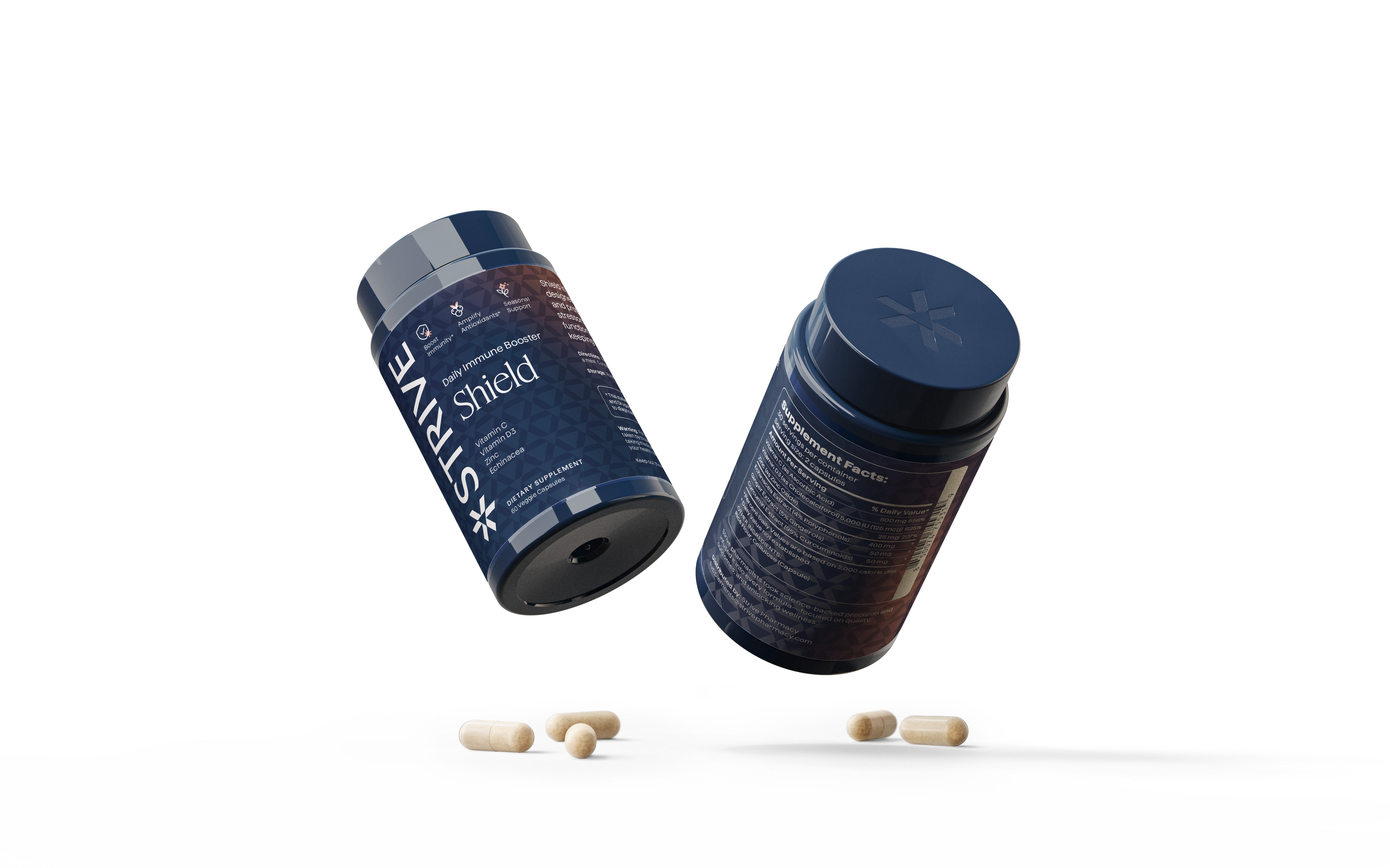 Two supplement containers labeled 'Shield_Daily Immune Booster' with scattered capsules on a white background