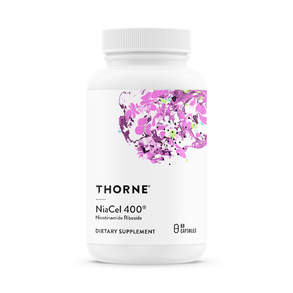 A bottle of Thorne Supplements NiaCell 400 Nicotinamide Riboside 60 capsules