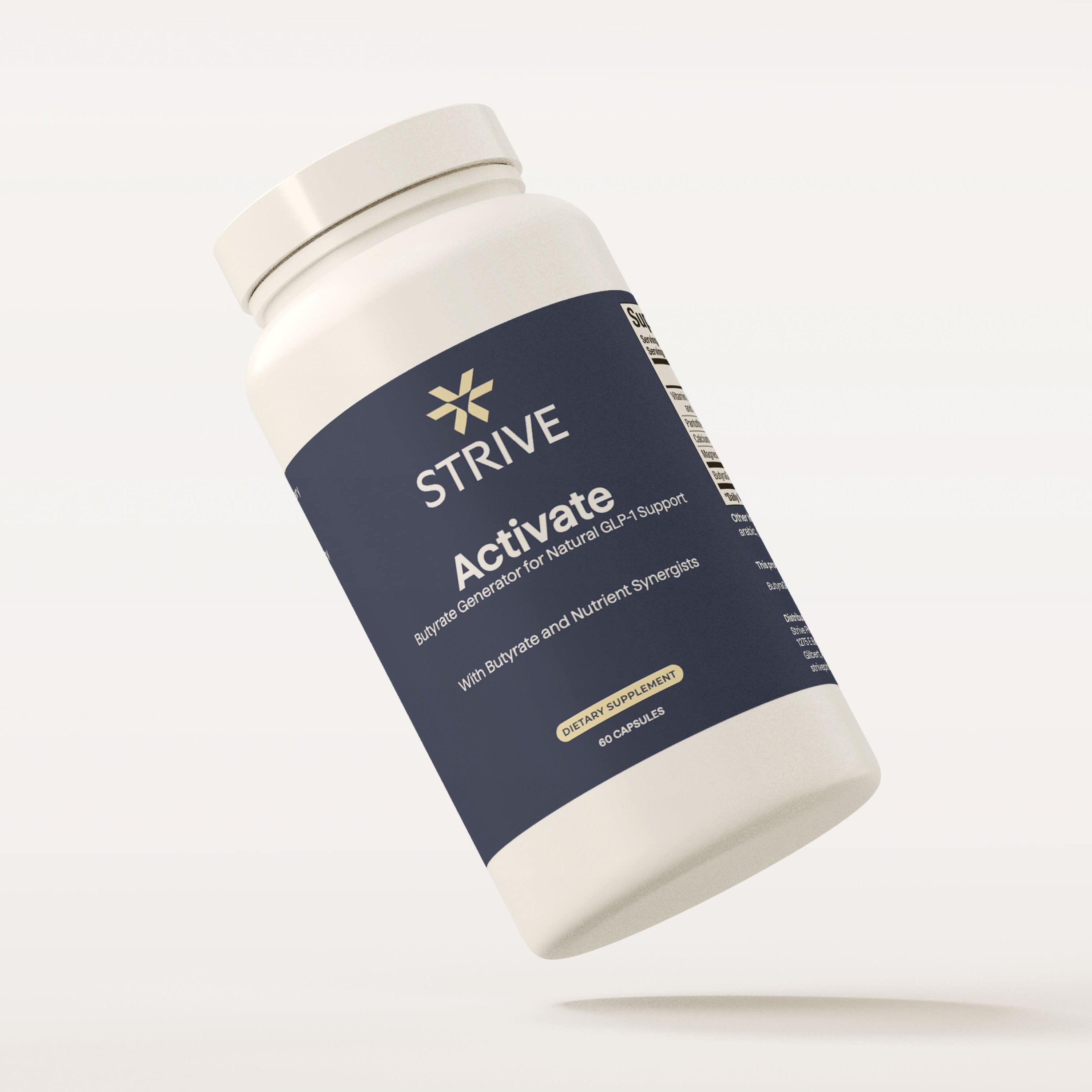 a bottle of strive activate a butyrate generator for natural GLP-1 support containing 60 capsules