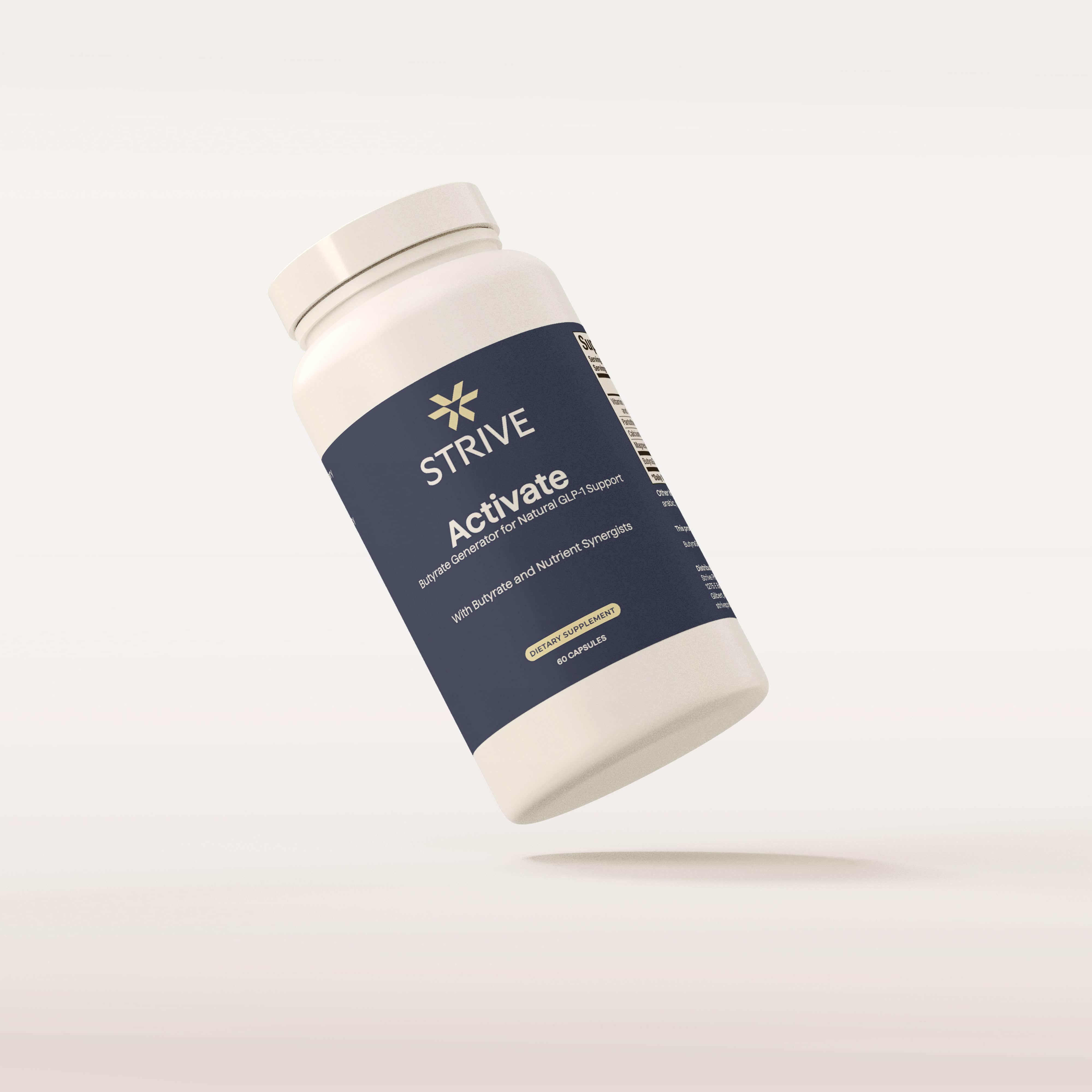 a bottle of strive activate a butyrate generator for natural GLP-1 support containing 60 capsules