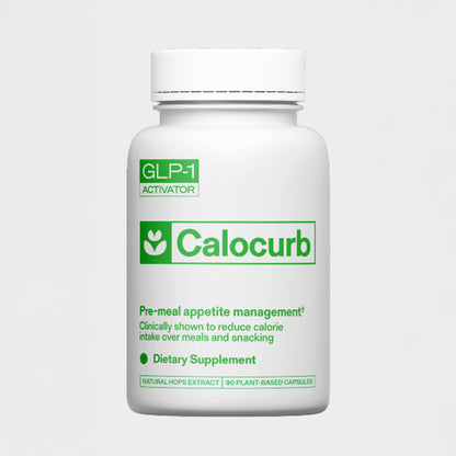 a photo of a white and green bottle of calocurb a glp-1 activator supplement