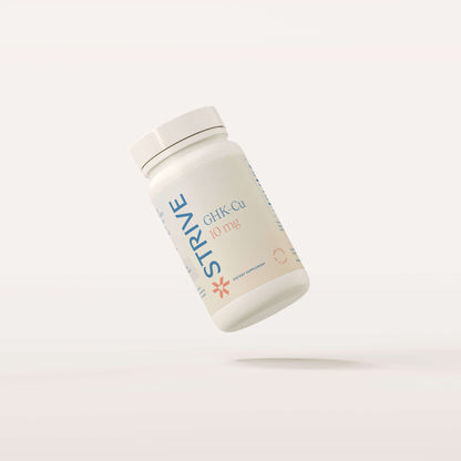 a white bottle of strive supplements GHK-Cu or a copper peptide 60 tablets