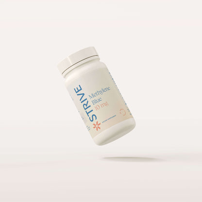 two white bottles of strive pharmacy methylene blue 10mg 60 capsules usp grade