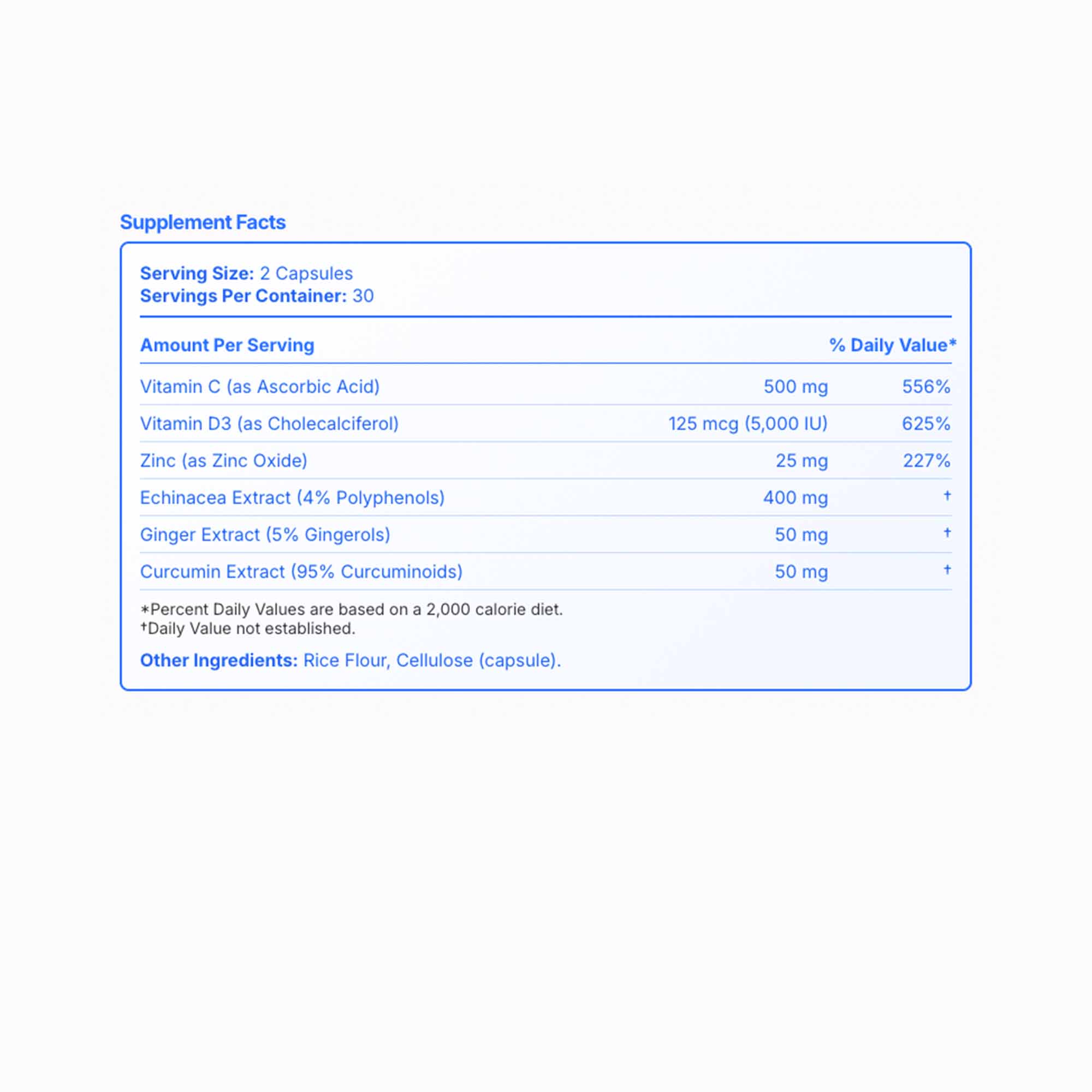 Supplement facts label with detailed nutritional information on a white background