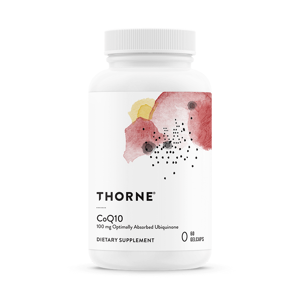 A white bottle of Thorne Supplements CoQ10 in 100 mg strength with Optimally Absorbed Ubiquinone containing 60 gelcaps.