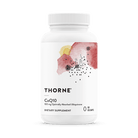 A white bottle of Thorne Supplements CoQ10 in 100 mg strength with Optimally Absorbed Ubiquinone containing 60 gelcaps.