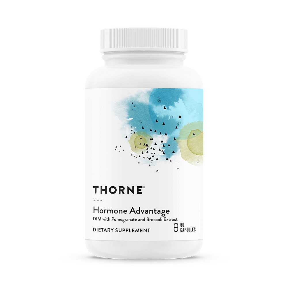 a white bottle of thorne supplements containing 60 capsules of hormone advantage