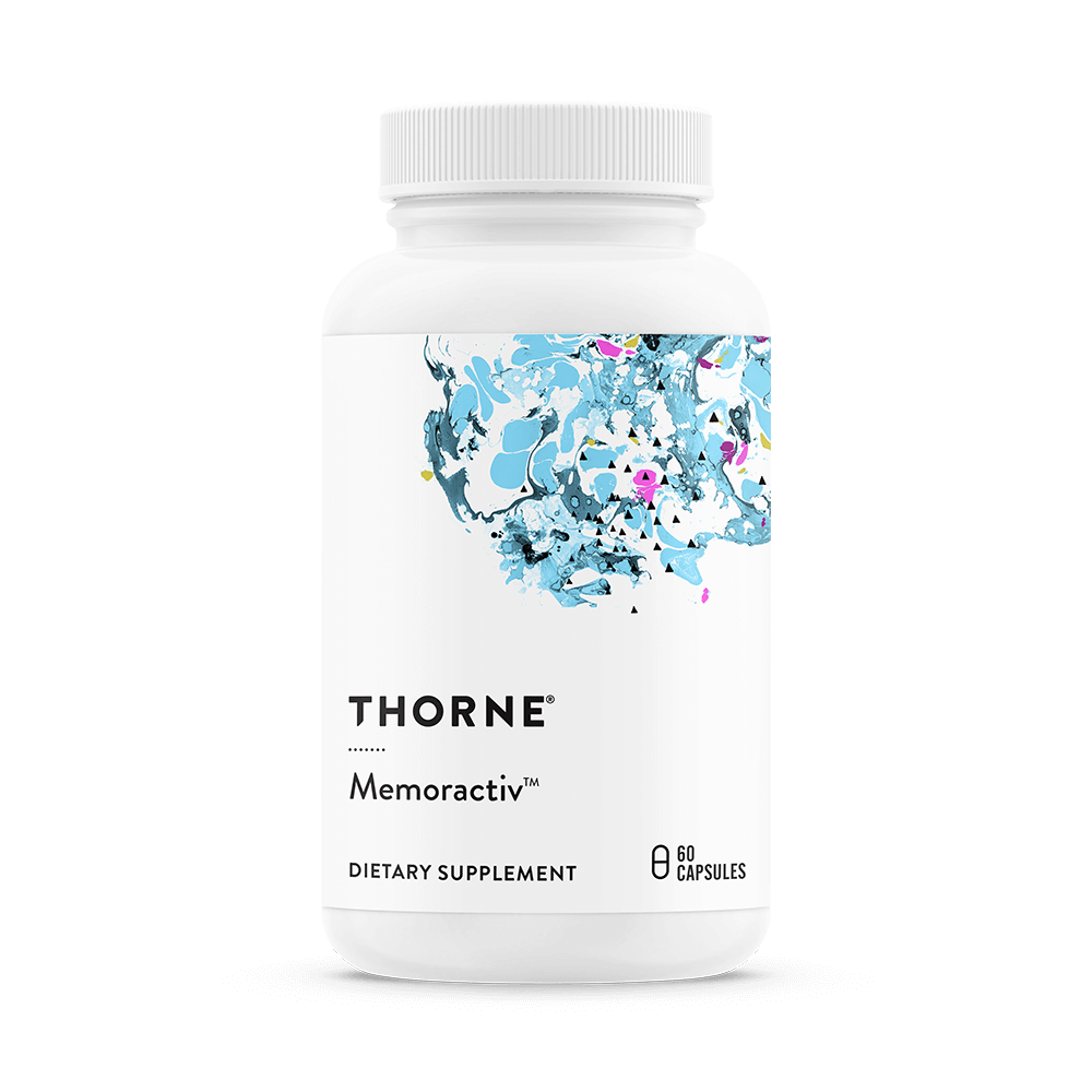 A white bottle of Thorne Supplements Memoractiv containing 60 capsules.