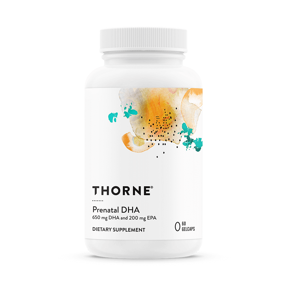 A white bottle of Thorne Supplement Prenatal DHA and EPA essential omega-3 fatty acids for mom and baby