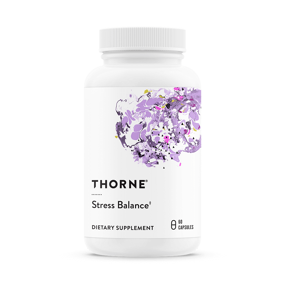a white bottle of thorne supplements containing 60 capsules of stress balance