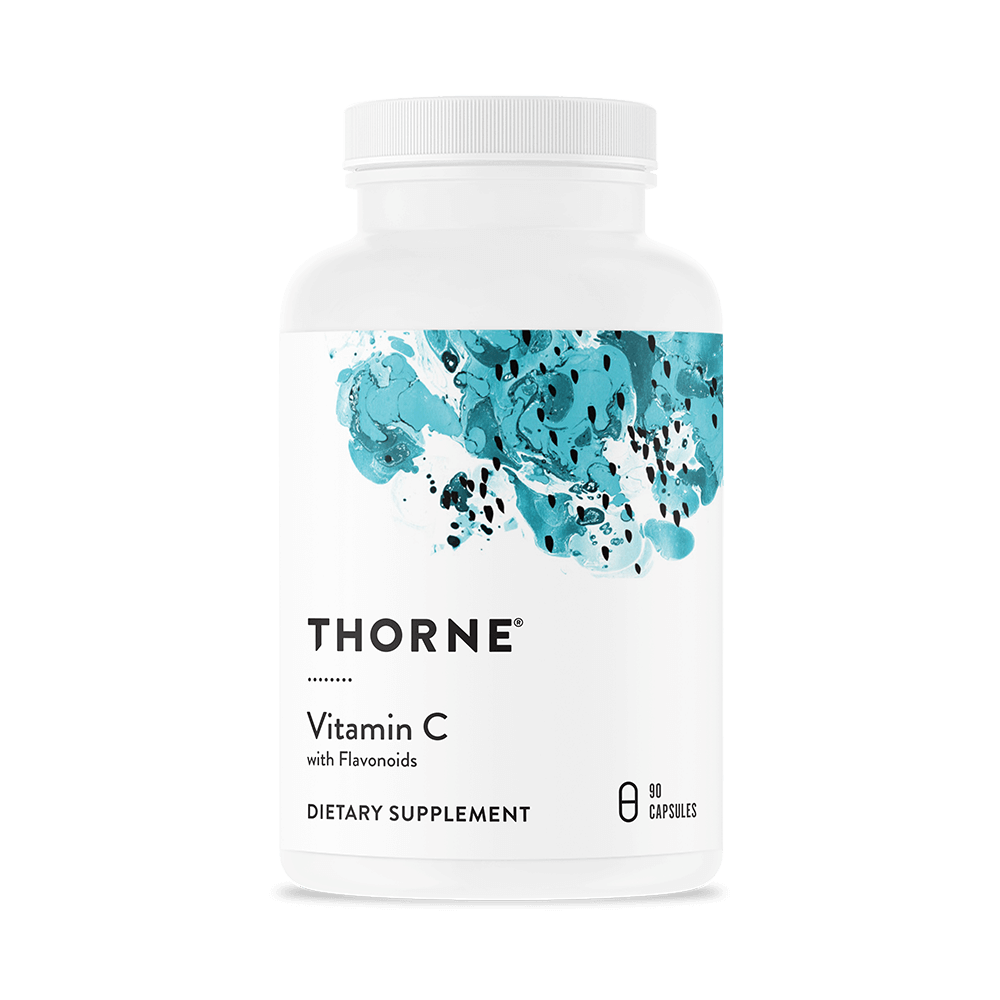 A white bottle of Thorne Supplements Vitamin C with Flavonoids, containing 90 capsules.