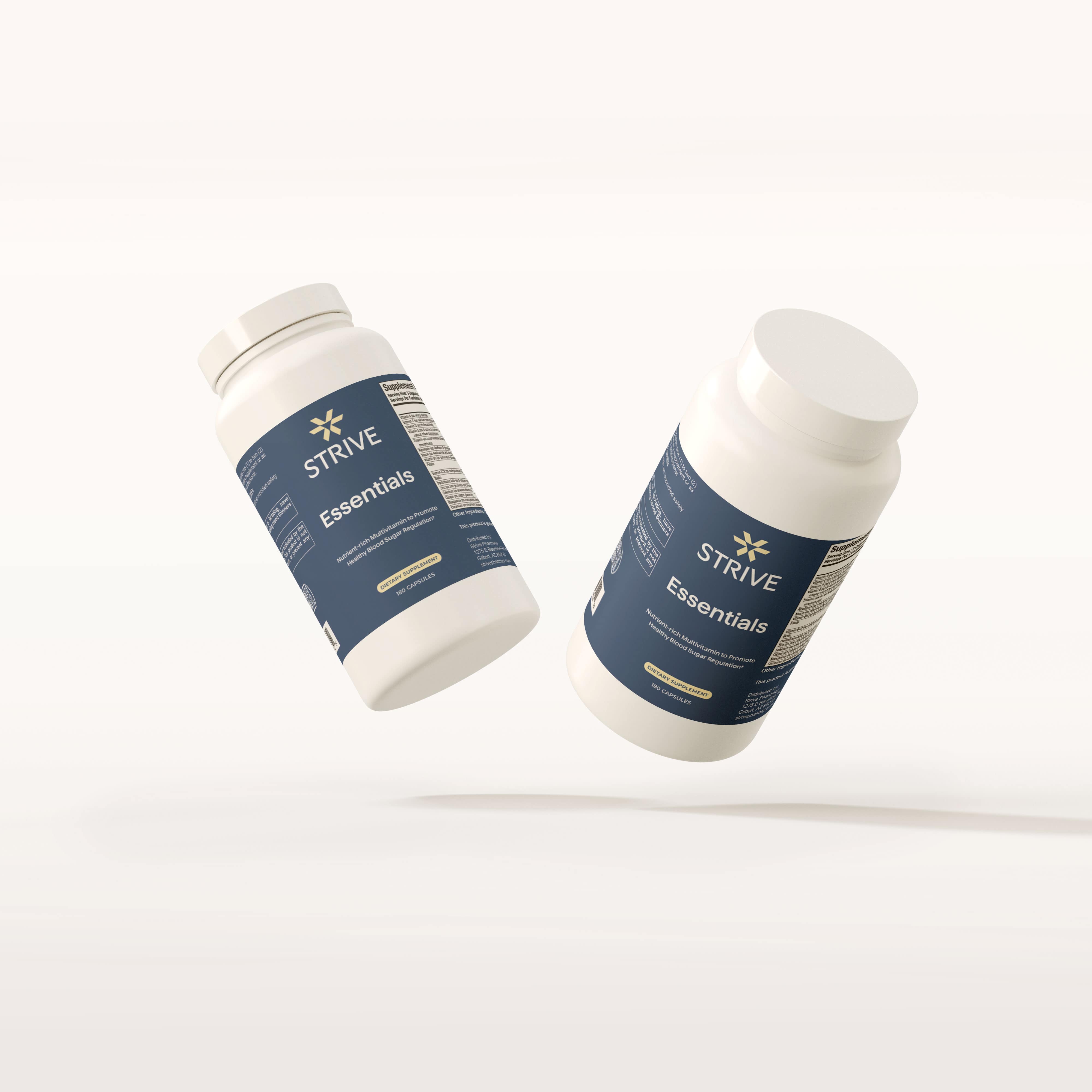 two bottles of strive pharmacy essentials multivitamin containing 180 capsules
